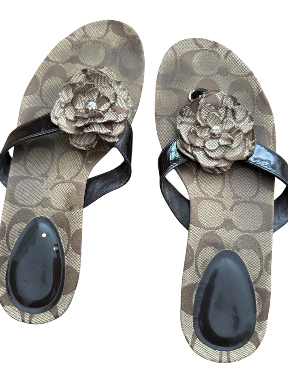 Coach Brown Samira Y2K thong Signature Logo Flip Flop Sandals with Flower Detail